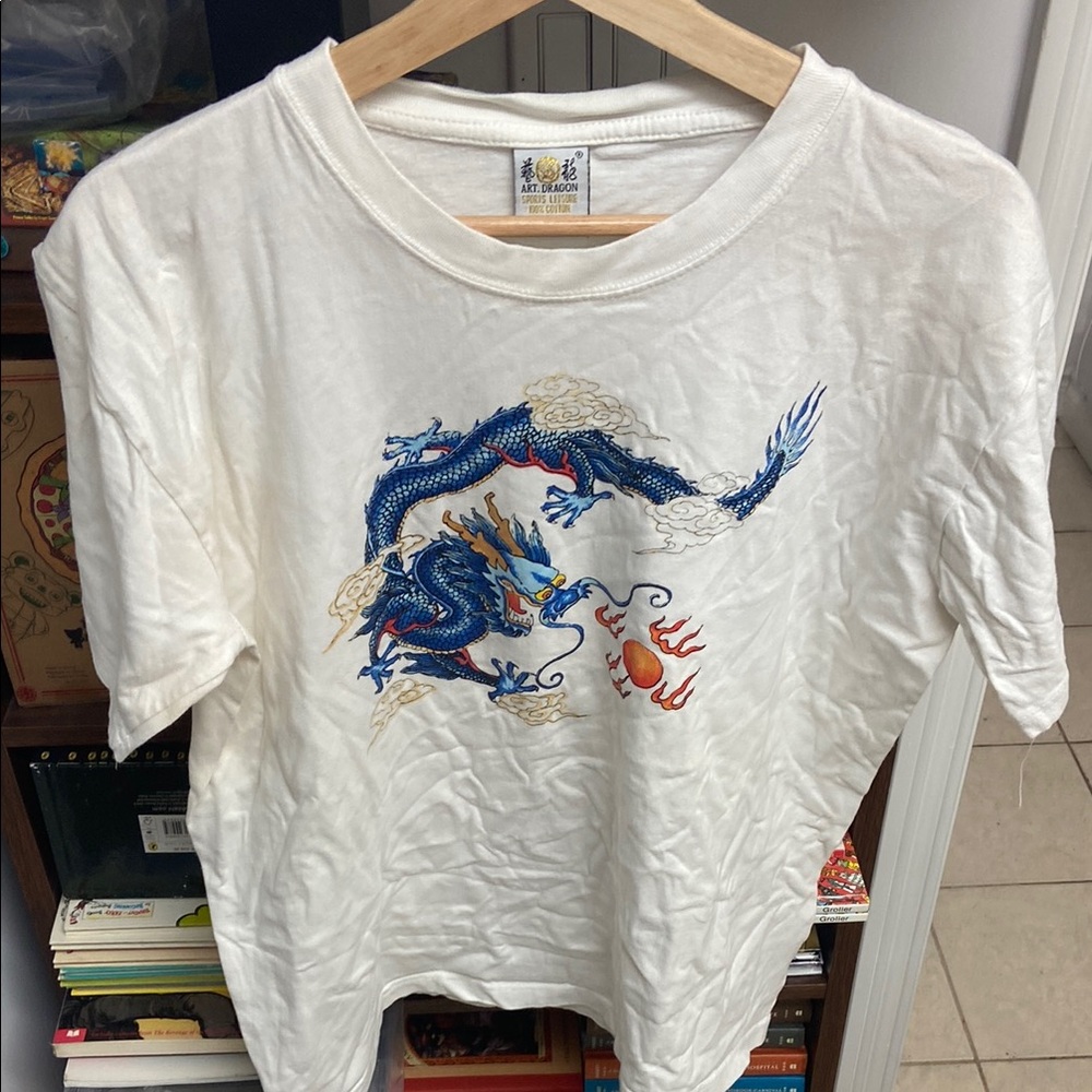 White Graphic T-Shirt with Blue Dragon Design